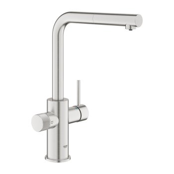 Baterie de bucătărie GROHE Blue Pure Minta, pipă înaltă în L, cap extractibil, inox periat